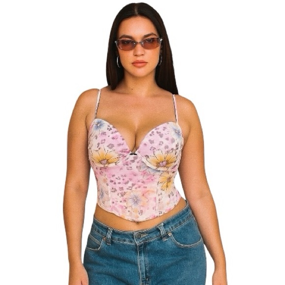 Y2K Lejaby Pink Yellow Floral Cheetah Print Mesh Bustier Cami Top 36DD - 38D VTG - Picture 1 of 12